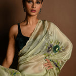 Olive Green Crepe Silk Saree with Floral Prints and Embroidered stonework and Cutdana Border - Anvi Couture