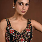 Black and Red Hand Embroidered Sleeveless Blouse with Sweetheart Neckline - Anvi Couture