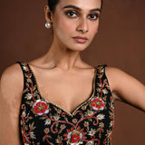Black and Red Hand Embroidered Sleeveless Blouse with Sweetheart Neckline - Anvi Couture