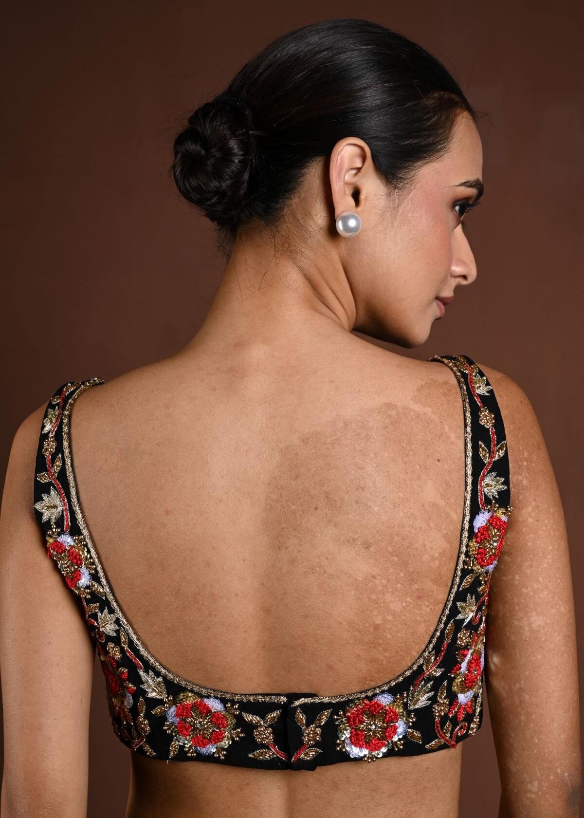 Black and Red Hand Embroidered Sleeveless Blouse with Sweetheart Neckline - Anvi Couture