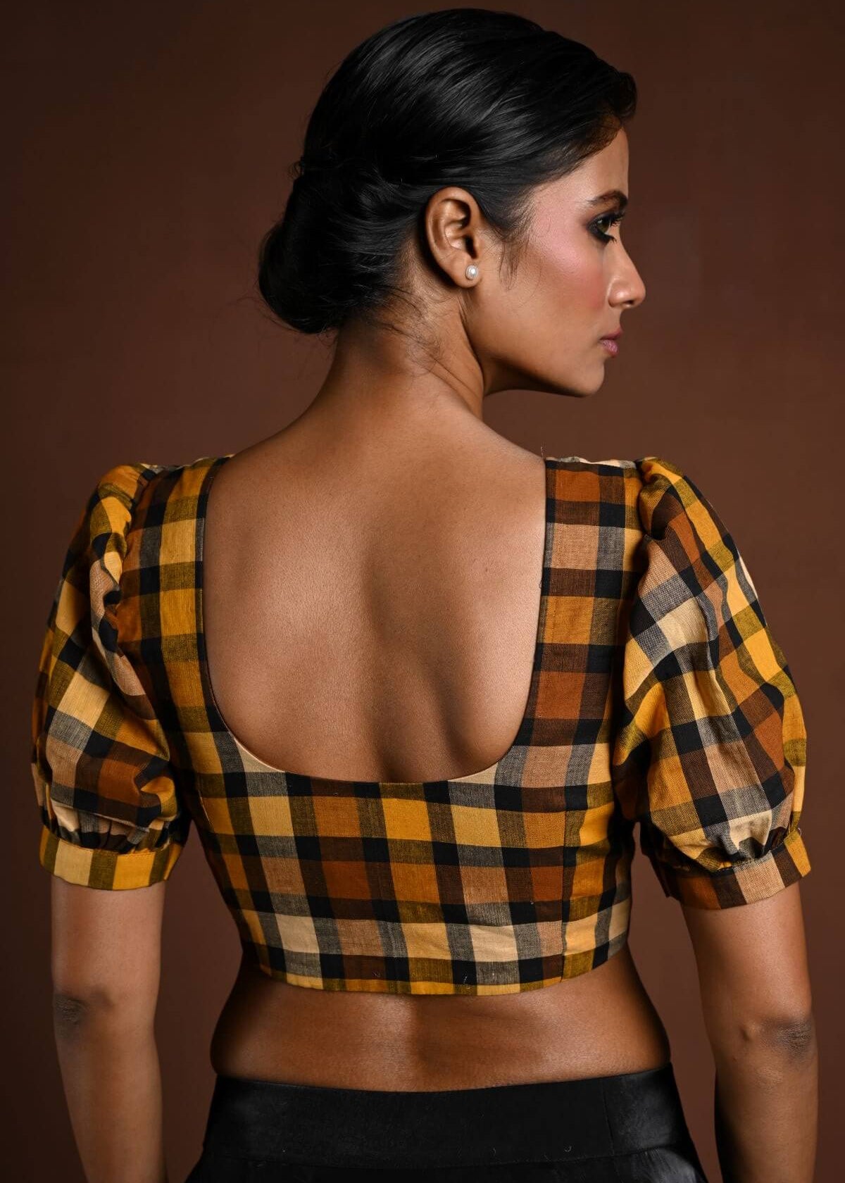 Yellow Puff Sleeve Blouse with Check Detailing - Anvi Couture