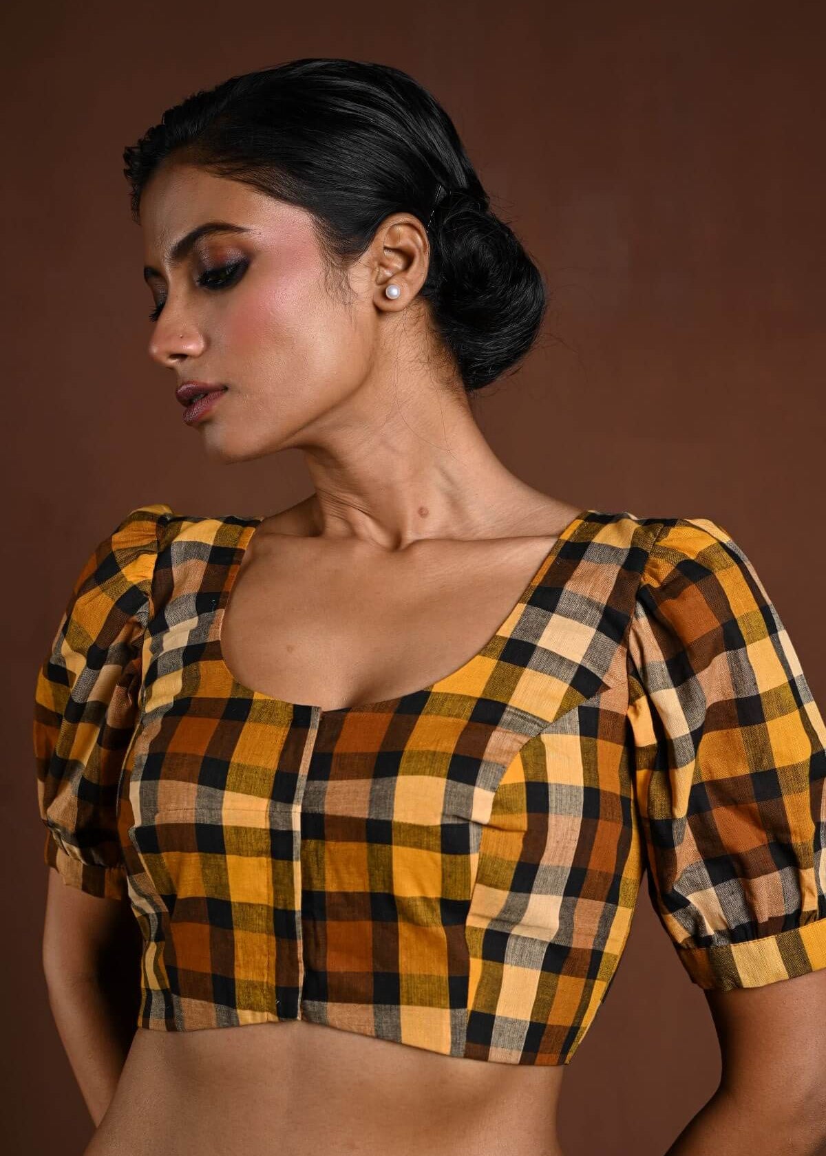 Yellow Puff Sleeve Blouse with Check Detailing - Anvi Couture