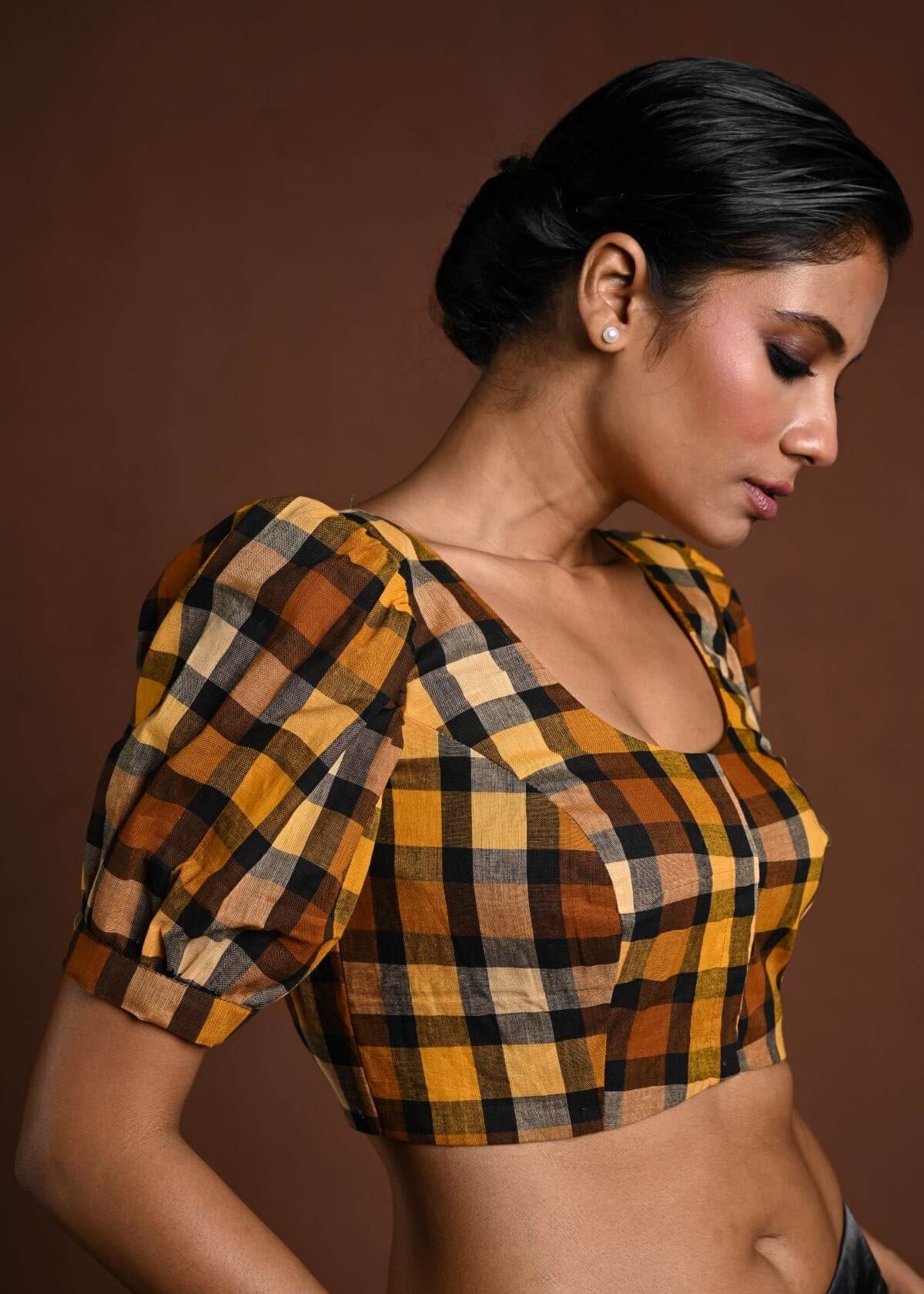 Yellow Puff Sleeve Blouse with Check Detailing - Anvi Couture