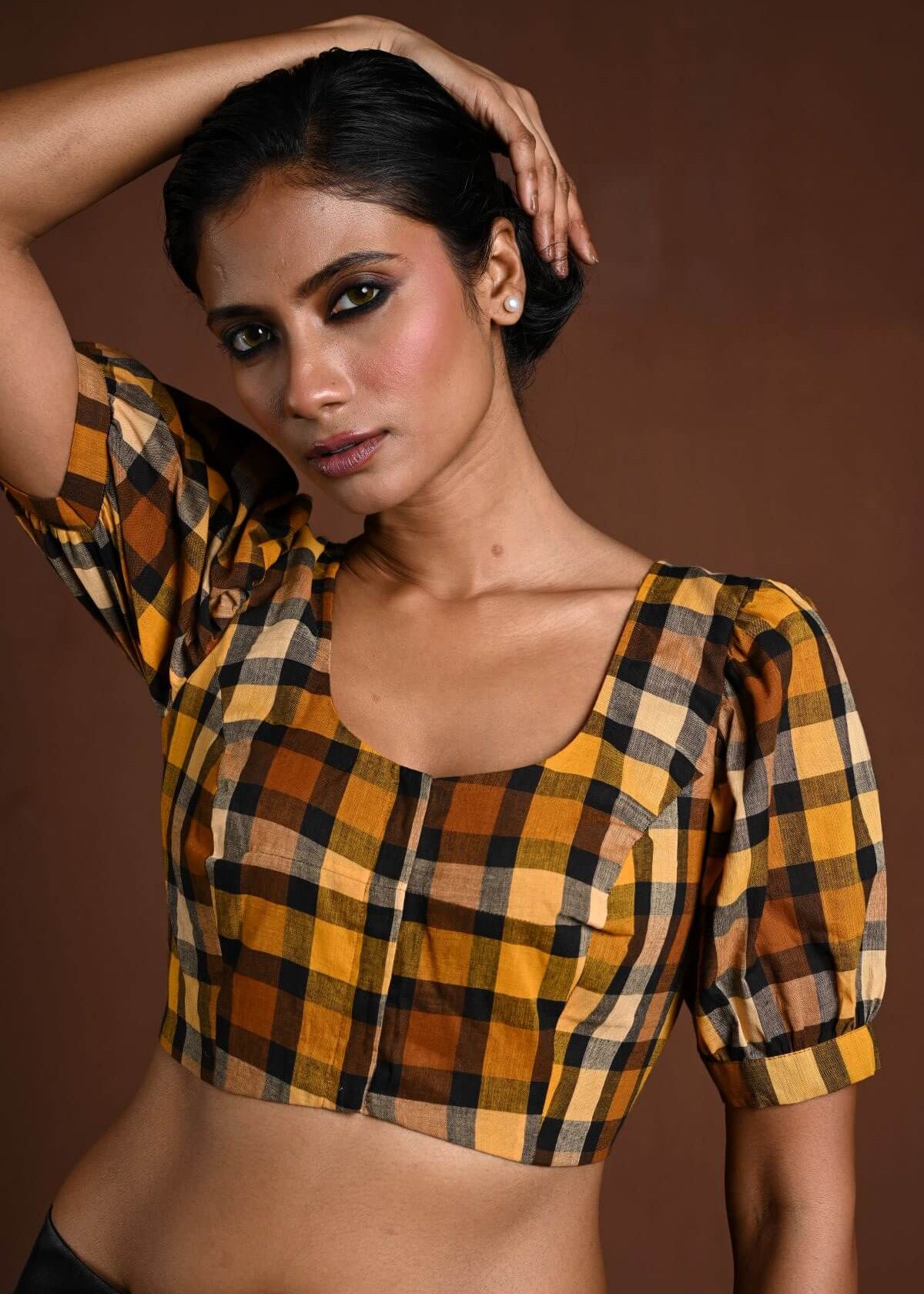 Yellow Puff Sleeve Blouse with Check Detailing - Anvi Couture