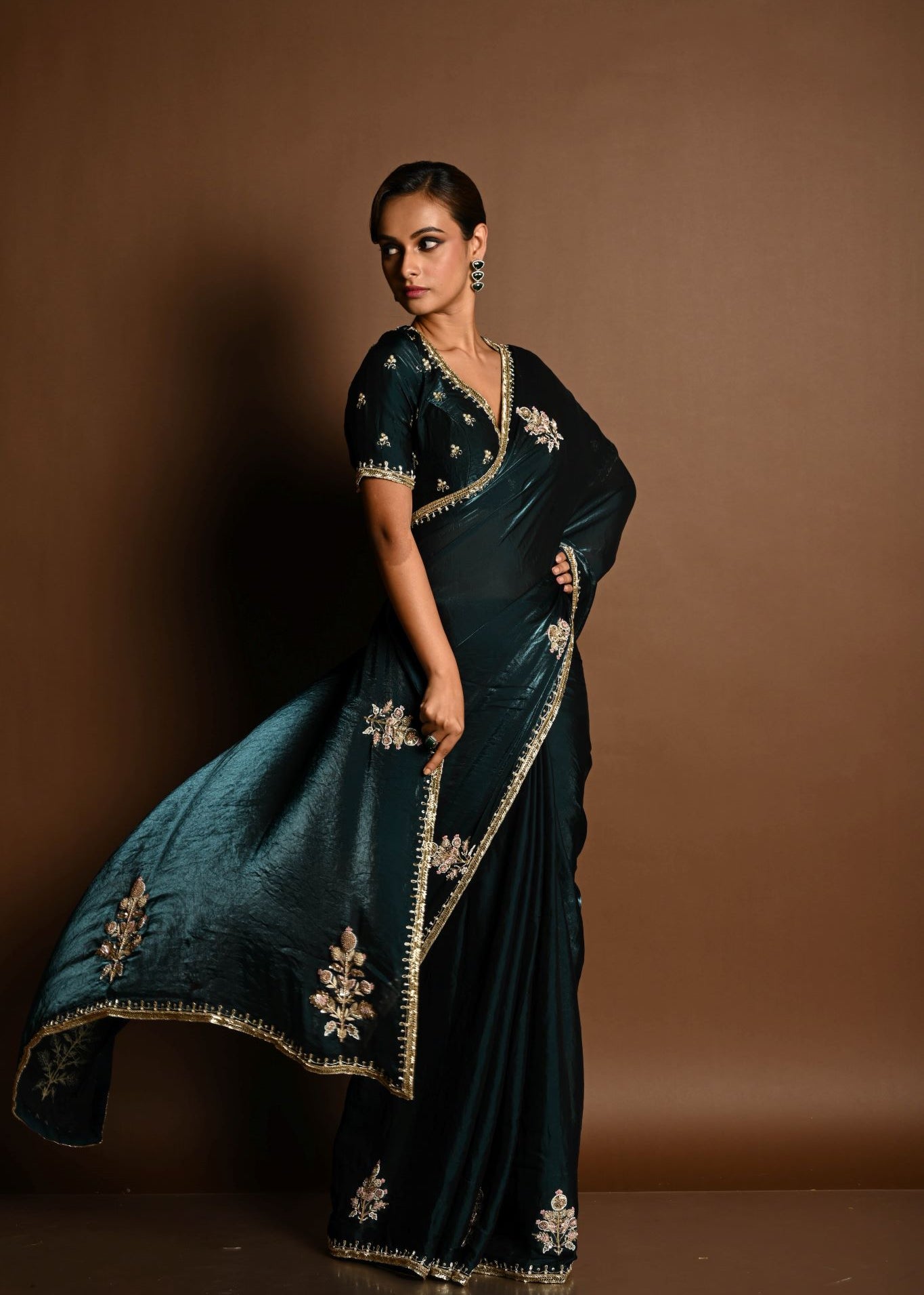 Dark Green Silk Organza Saree with a hand-embroidered finish and matching blouse - Image 4