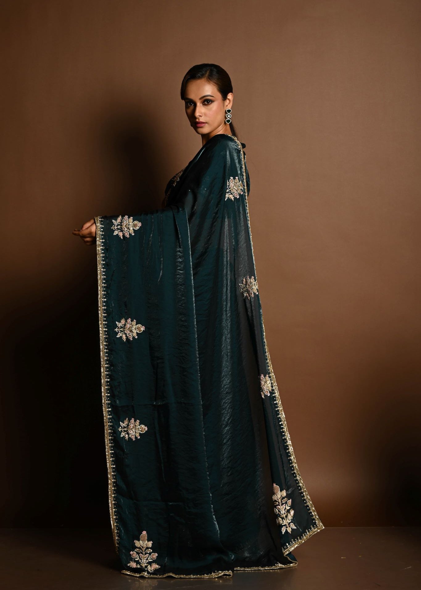 Dark Green Silk Organza Saree with a hand-embroidered finish and matching blouse - Image 2