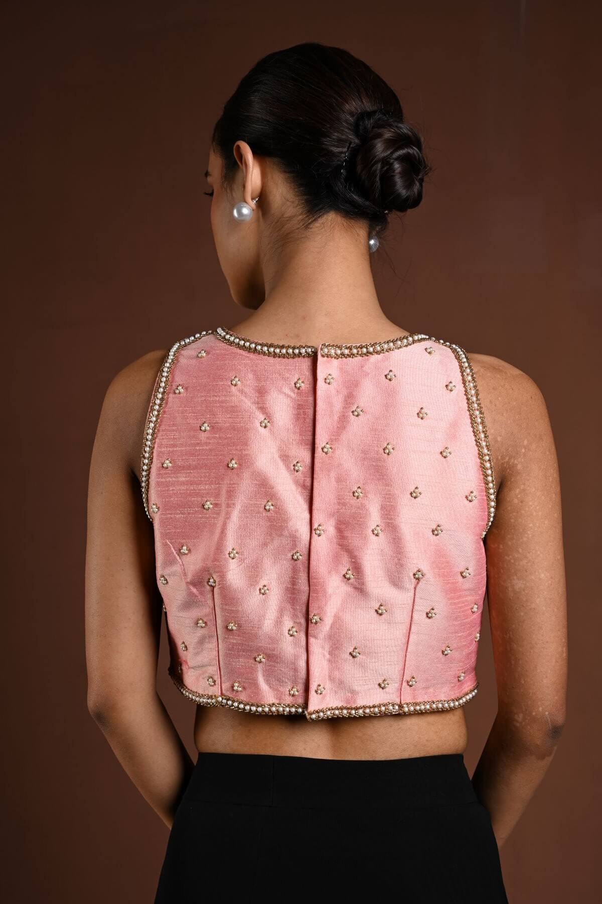 Pink Hand Embroidery Party Wear Blouse with Pearl and Cut dana Embellishment - Anvi Couture