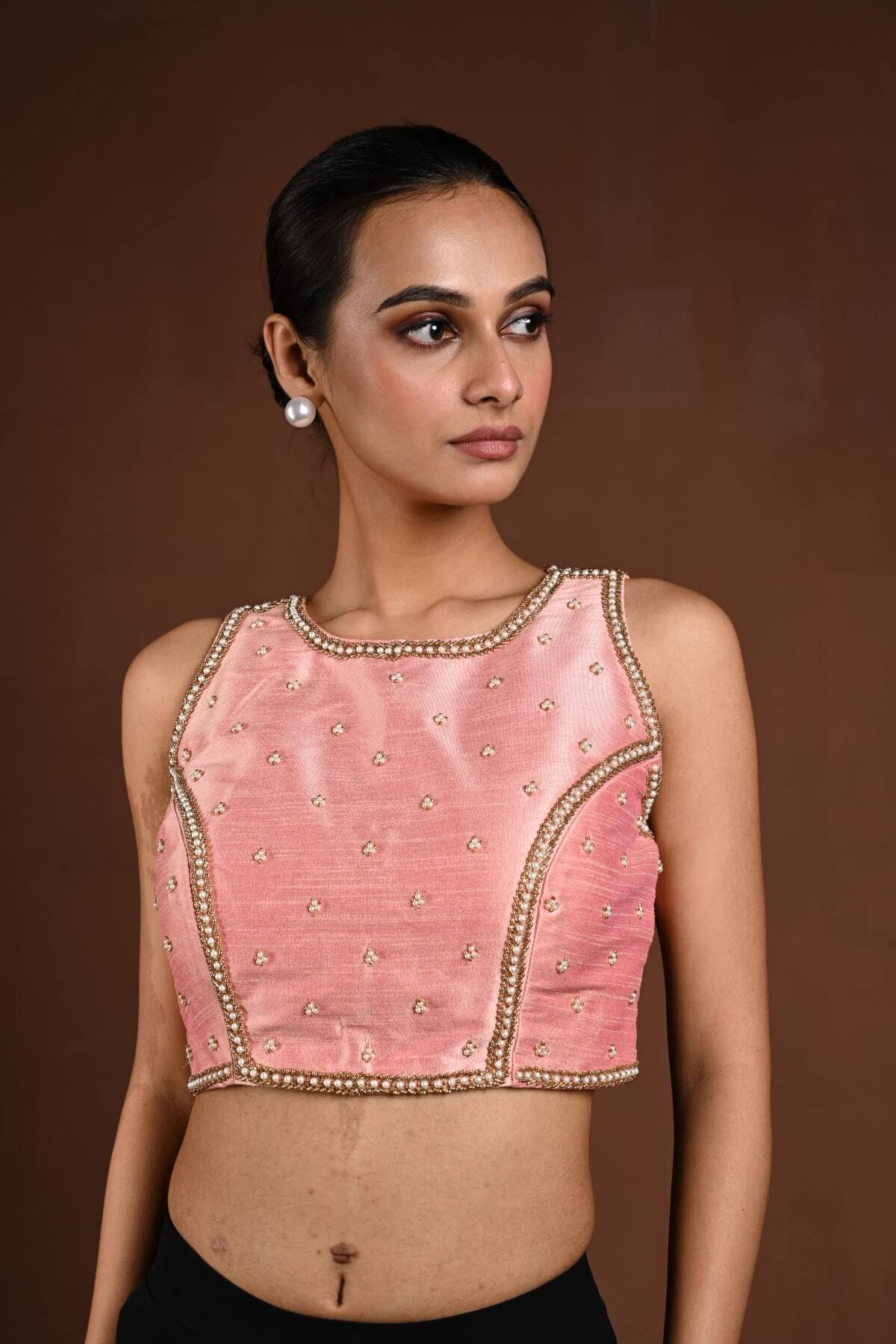 Pink Hand Embroidery Party Wear Blouse with Pearl and Cut dana Embellishment - Anvi Couture