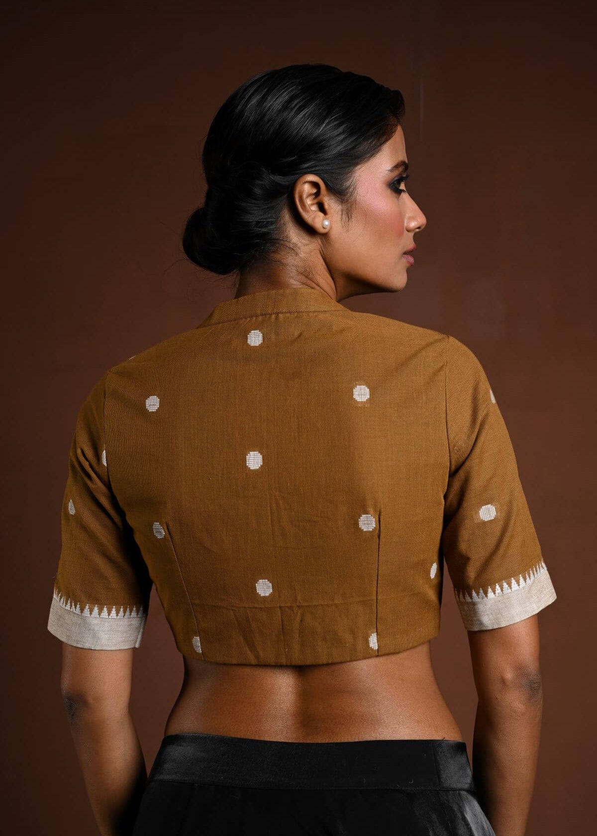 Brown Half Sleeve Cotton Blouse with High Neck - Anvi Couture