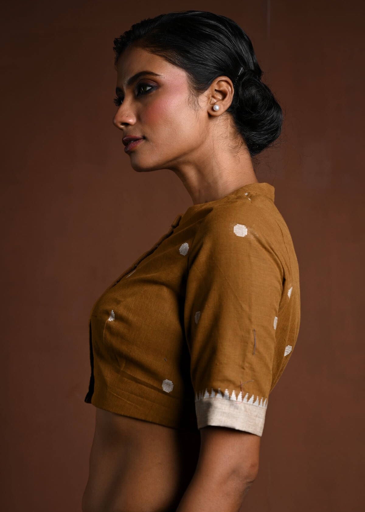 Brown Half Sleeve Cotton Blouse with High Neck - Anvi Couture