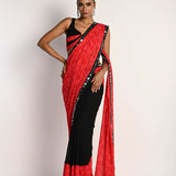 Pink and Black Printed Saree in Georgette with Plunging Neck Pleated Designer Blouse - Anvi Couture