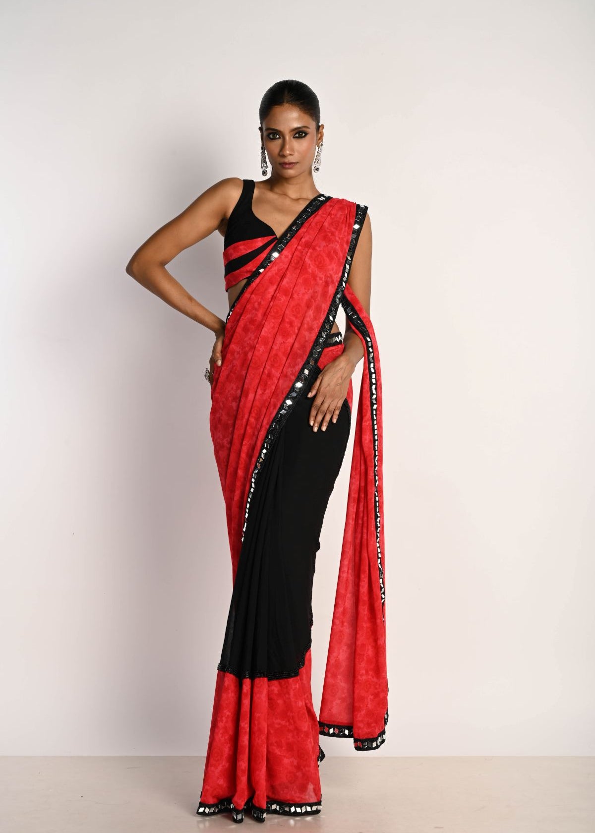 Pink and Black Printed Saree in Georgette with Plunging Neck Pleated Designer Blouse - Anvi Couture