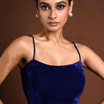 Dark Blue Velvet Spaghetti Blouse with Back Closure - Anvi Couture
