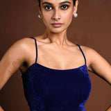 Dark Blue Velvet Spaghetti Blouse with Back Closure - Anvi Couture