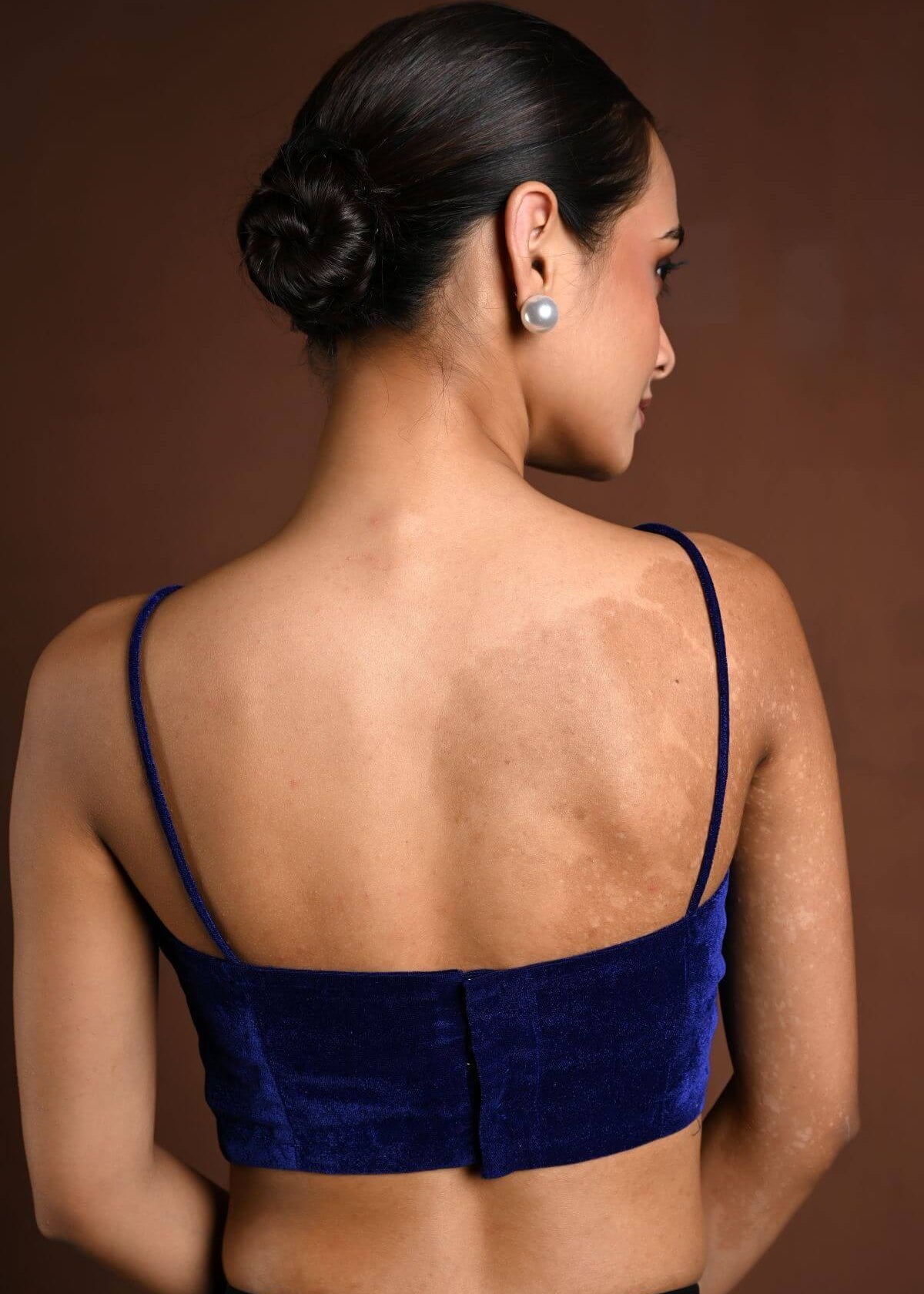 Dark Blue Velvet Spaghetti Blouse with Back Closure - Anvi Couture