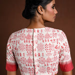White Cotton Blouse with Half Sleeves and Red Printed Design - Anvi Couture