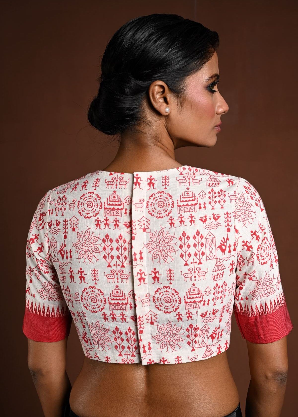White Cotton Blouse with Half Sleeves and Red Printed Design - Anvi Couture