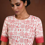 White Cotton Blouse with Half Sleeves and Red Printed Design - Anvi Couture