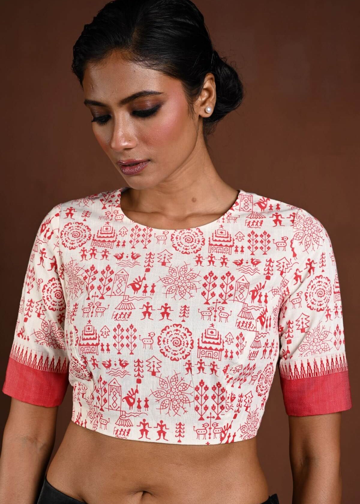 White Cotton Blouse with Half Sleeves and Red Printed Design - Anvi Couture