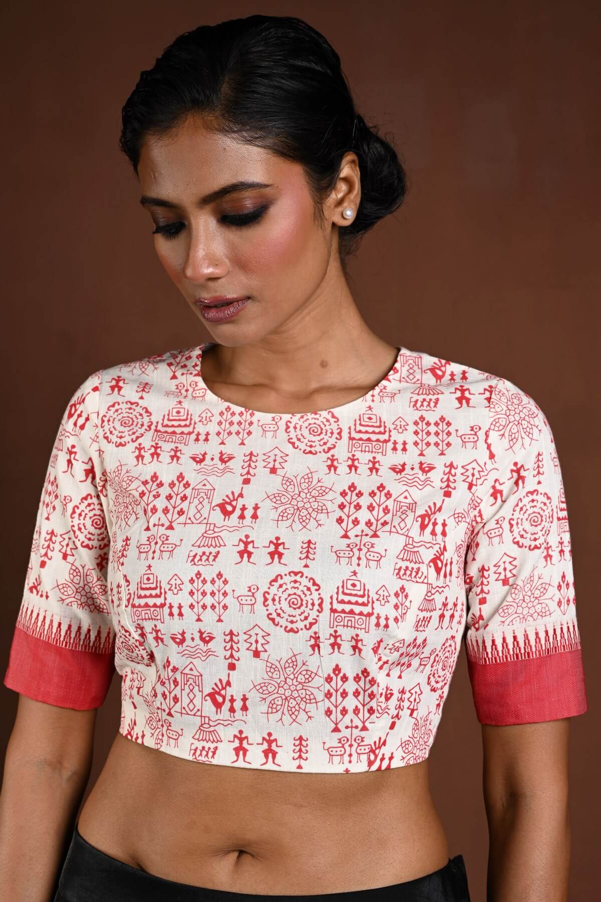 White Cotton Blouse with Half Sleeves and Red Printed Design - Anvi Couture