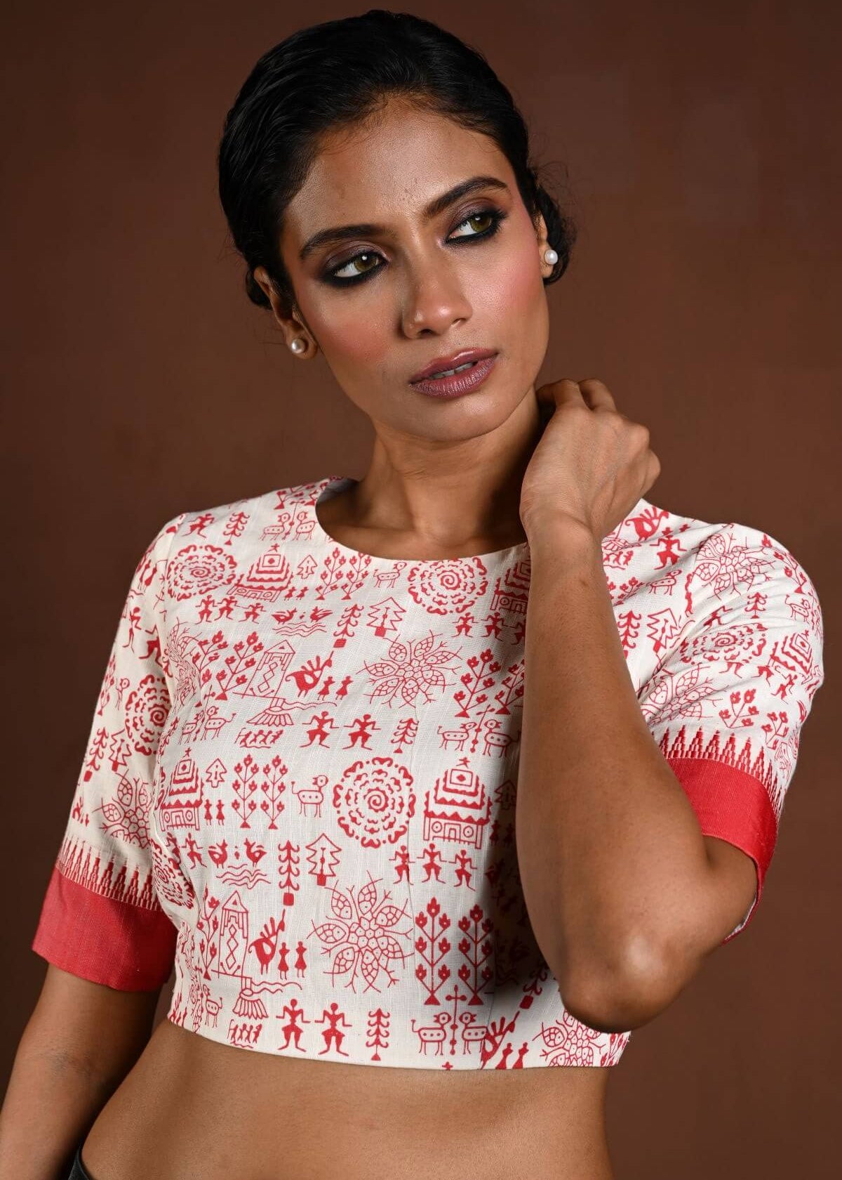 White Cotton Blouse with Half Sleeves and Red Printed Design - Anvi Couture