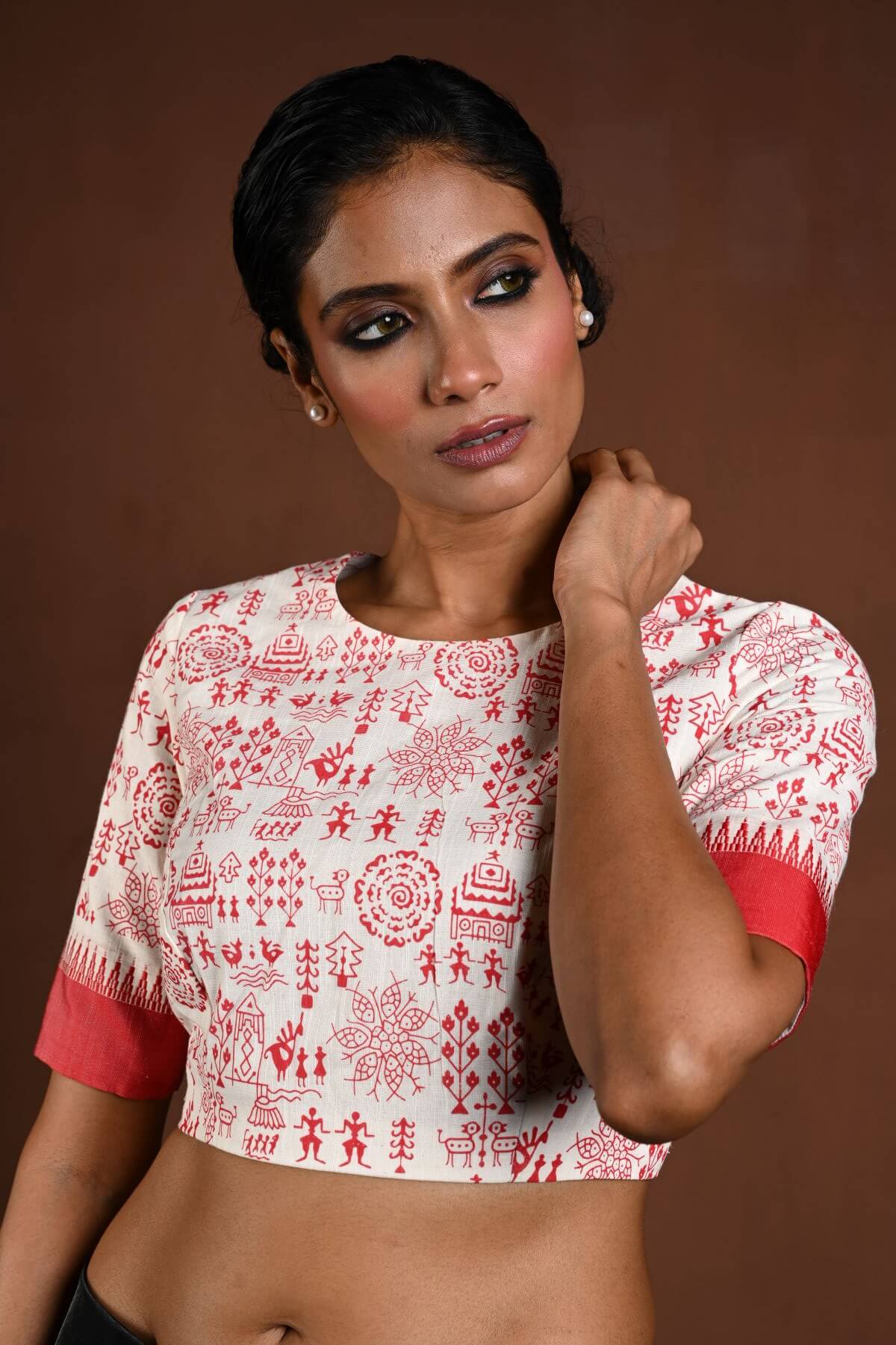White Cotton Blouse with Half Sleeves and Red Printed Design - Anvi Couture
