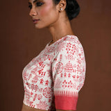 White Cotton Blouse with Half Sleeves and Red Printed Design - Anvi Couture