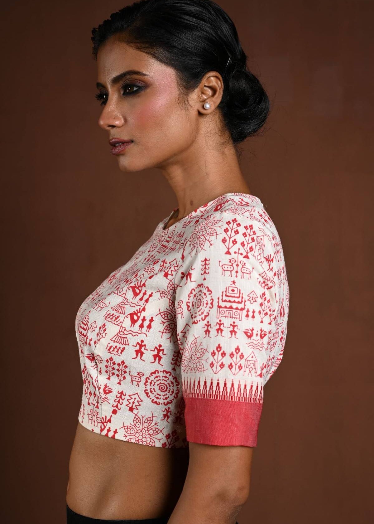 White Cotton Blouse with Half Sleeves and Red Printed Design - Anvi Couture