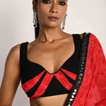 Pink and Black Printed Saree in Georgette with Plunging Neck Pleated Designer Blouse - Anvi Couture