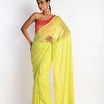 Lime Green Georgette Saree, Pink Embroidered Blouse, Indian Ethnic Wear, Summer Saree