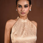 Peach Halter Neck Brocade Silk Blouse - Anvi Couture