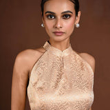 Peach Halter Neck Brocade Silk Blouse - Anvi Couture