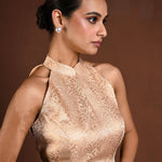 Peach Halter Neck Brocade Silk Blouse - Anvi Couture
