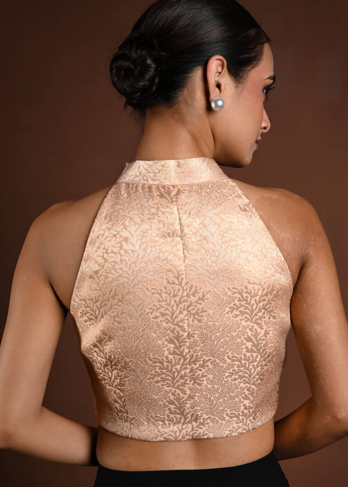Peach Halter Neck Brocade Silk Blouse - Anvi Couture
