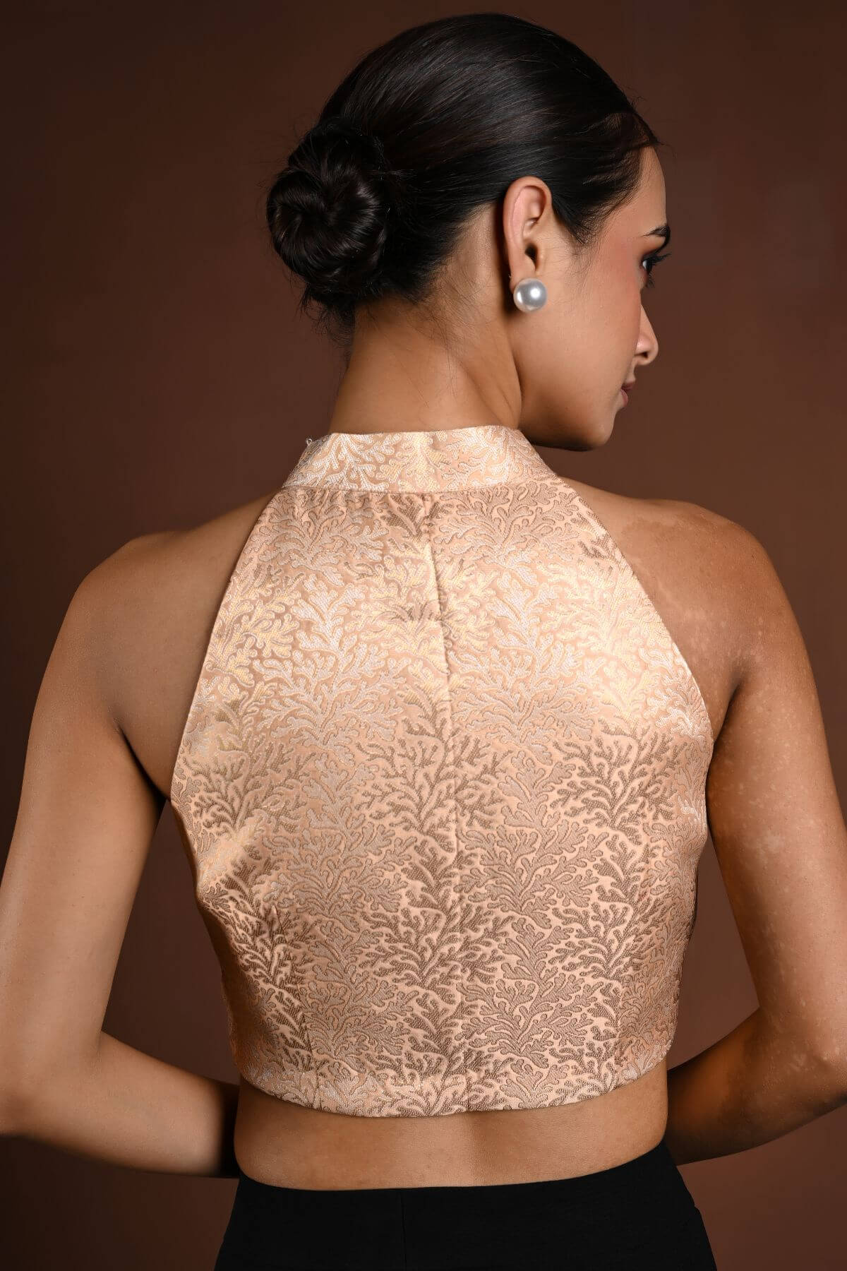 Peach Halter Neck Brocade Silk Blouse - Anvi Couture