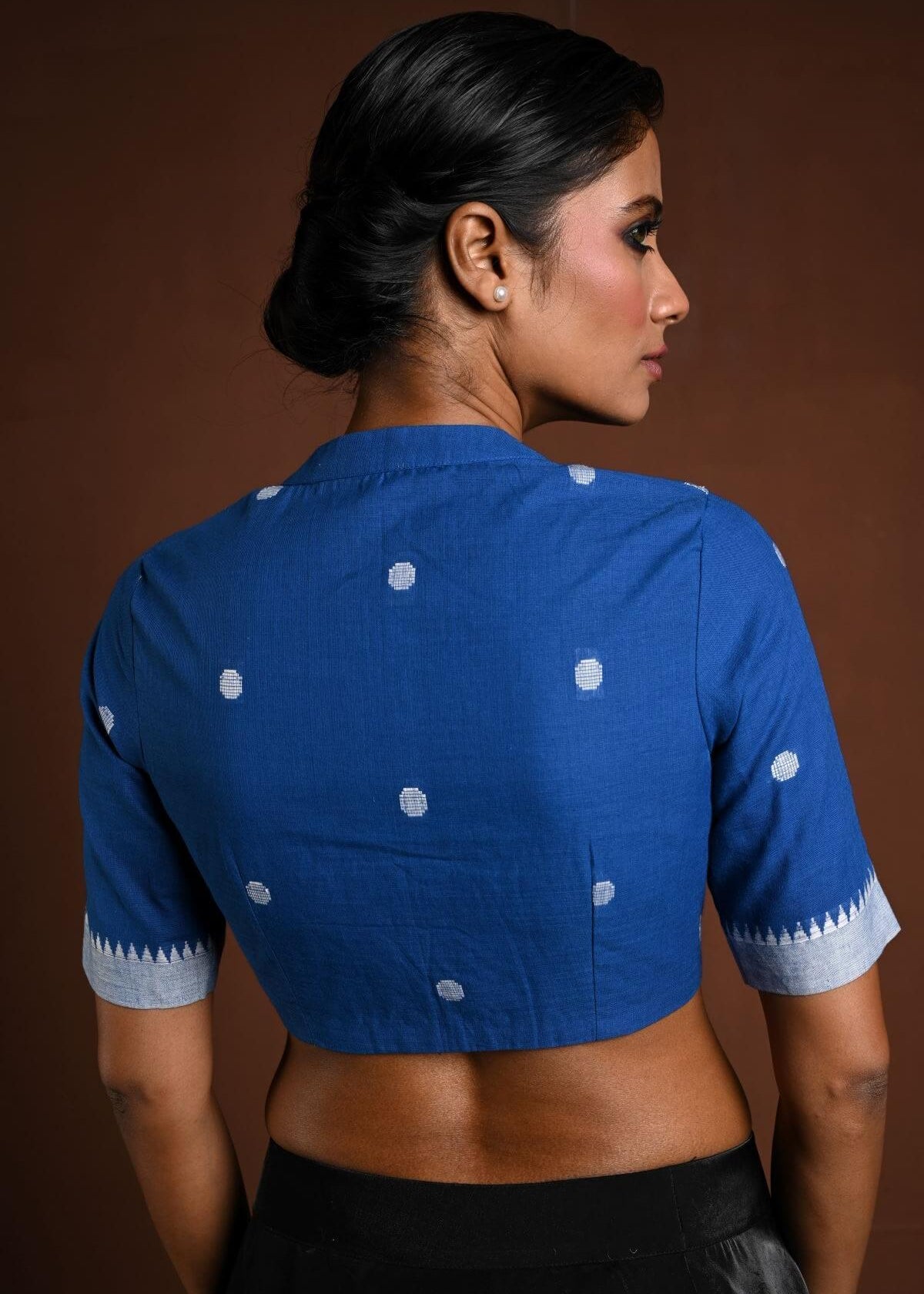 Blue Cotton Blouse with Half Sleeves and High Neck - Anvi Couture