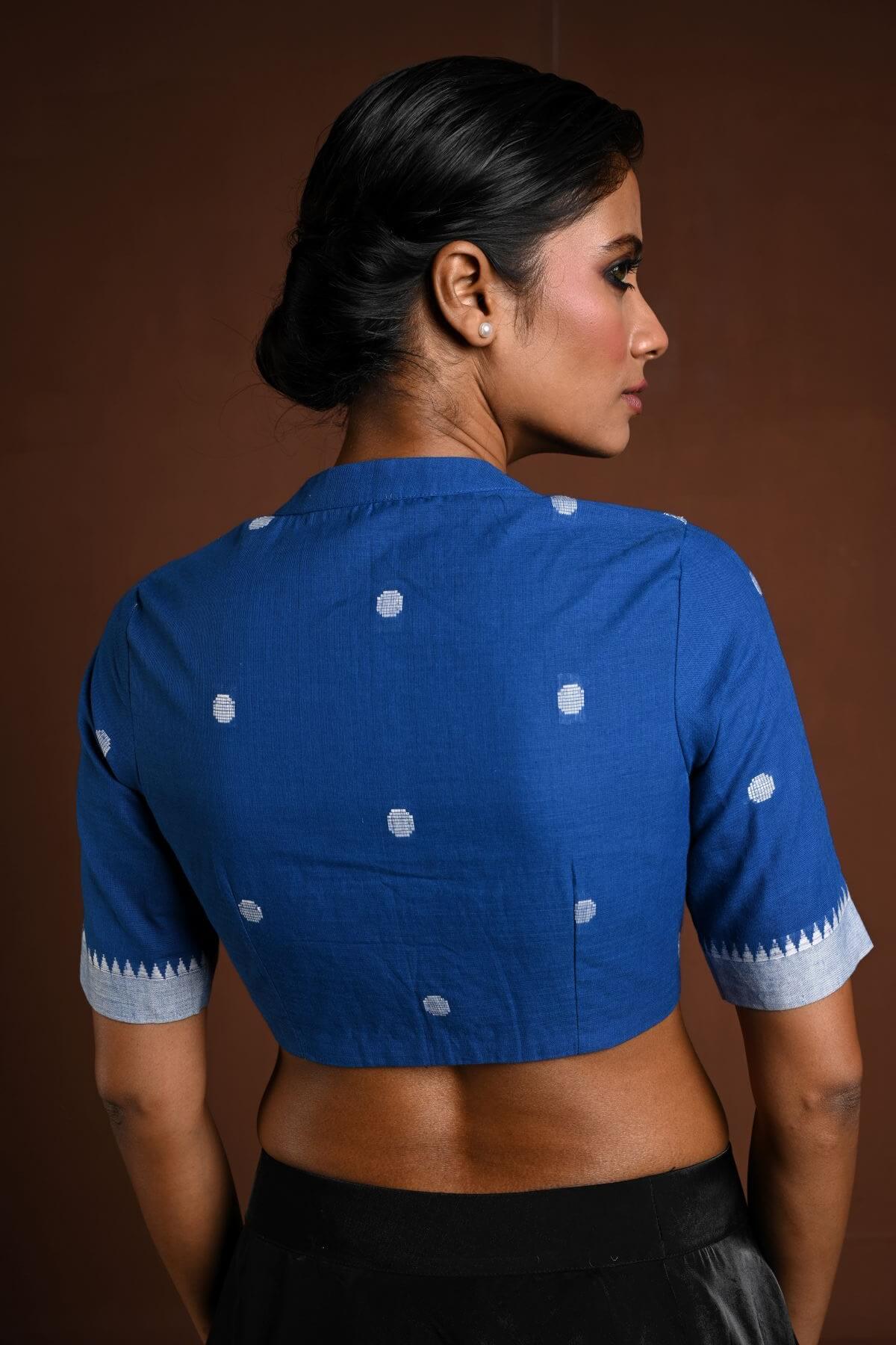 Blue Cotton Blouse with Half Sleeves and High Neck - Anvi Couture