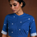 Blue Cotton Blouse with Half Sleeves and High Neck - Anvi Couture