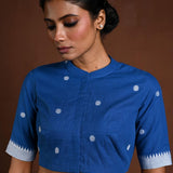 Blue Cotton Blouse with Half Sleeves and High Neck - Anvi Couture