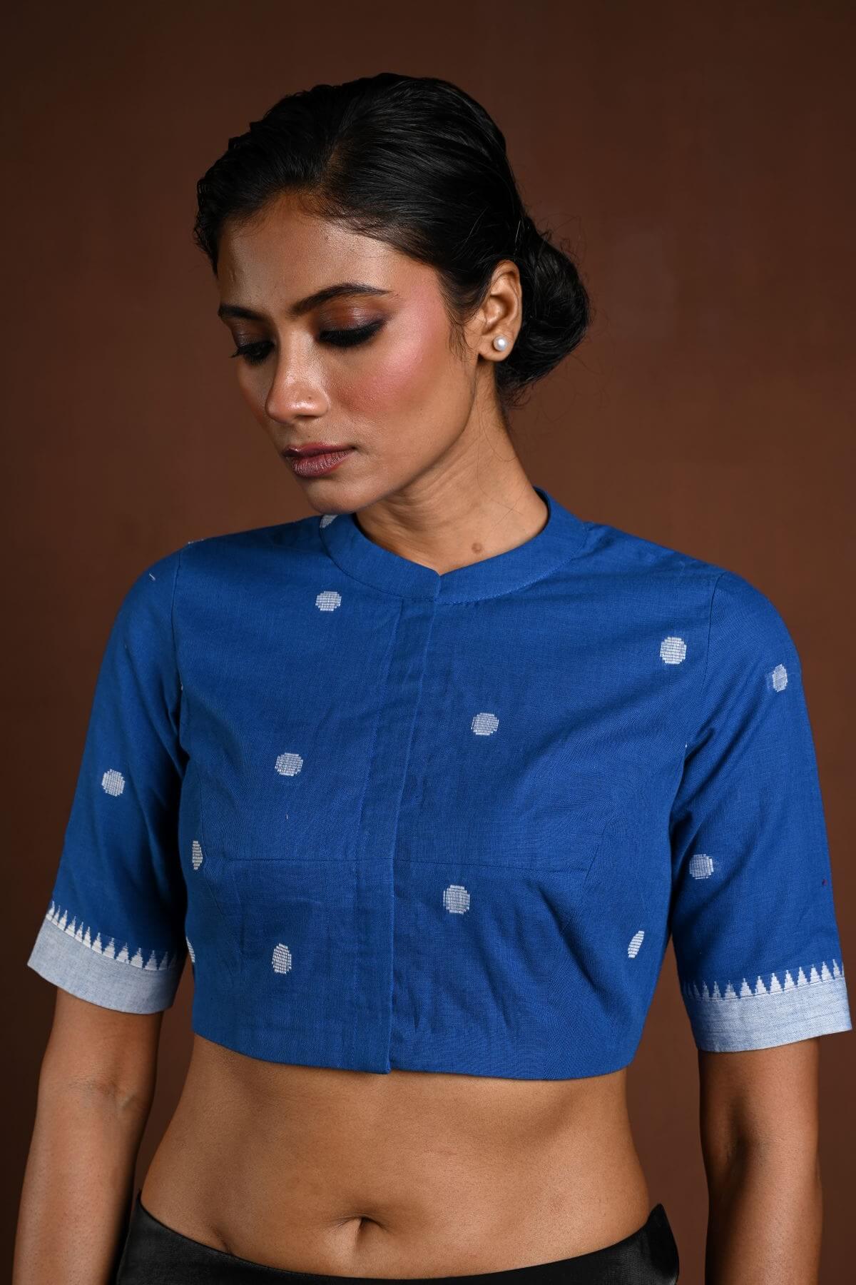 Blue Cotton Blouse with Half Sleeves and High Neck - Anvi Couture