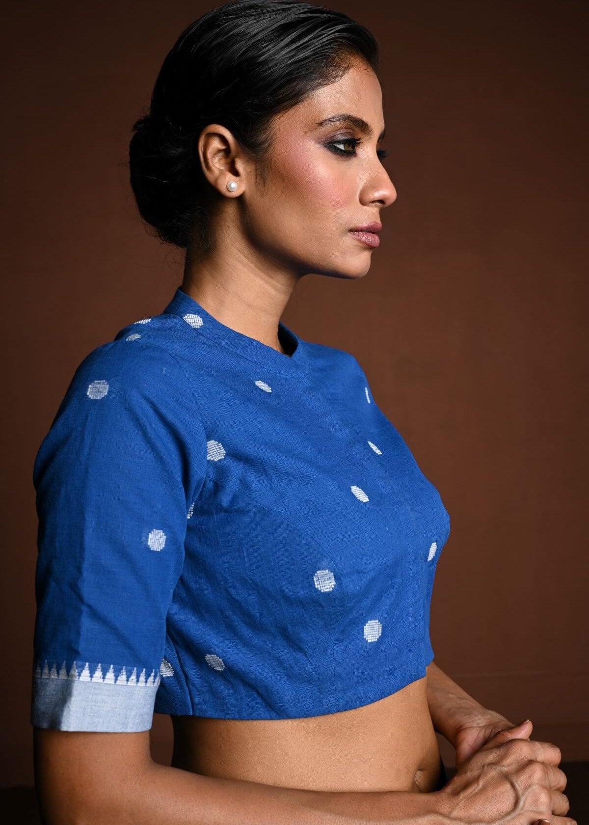 Blue Cotton Blouse with Half Sleeves and High Neck - Anvi Couture