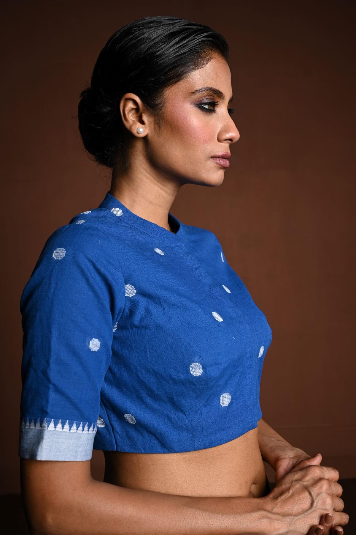 Blue Cotton Blouse with Half Sleeves and High Neck - Anvi Couture