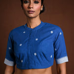 Blue Cotton Blouse with Half Sleeves and High Neck - Anvi Couture