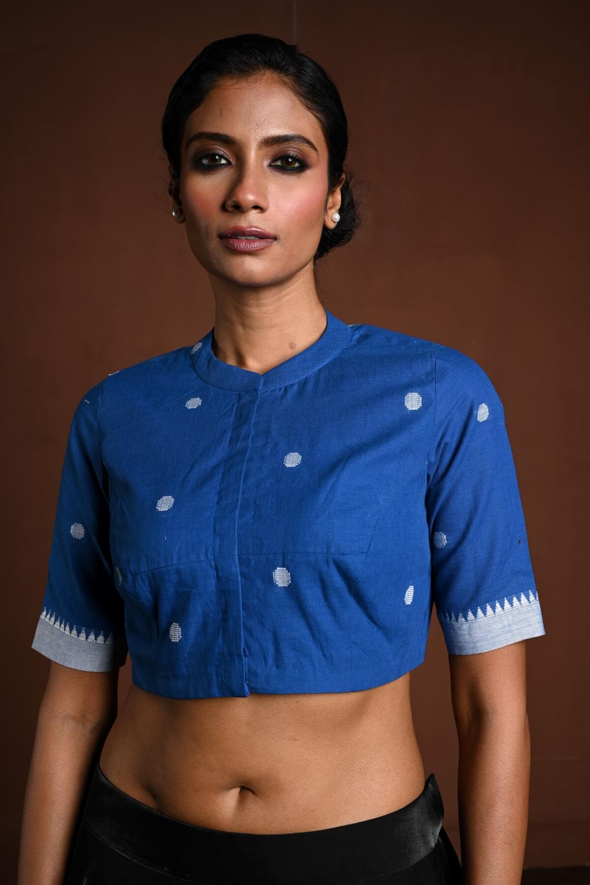 Blue Cotton Blouse with Half Sleeves and High Neck - Anvi Couture