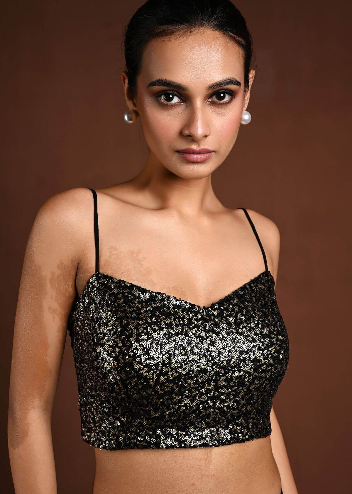 Black and Gold Sequin Blouse with Noodle Strap and Back Closure - Anvi Couture