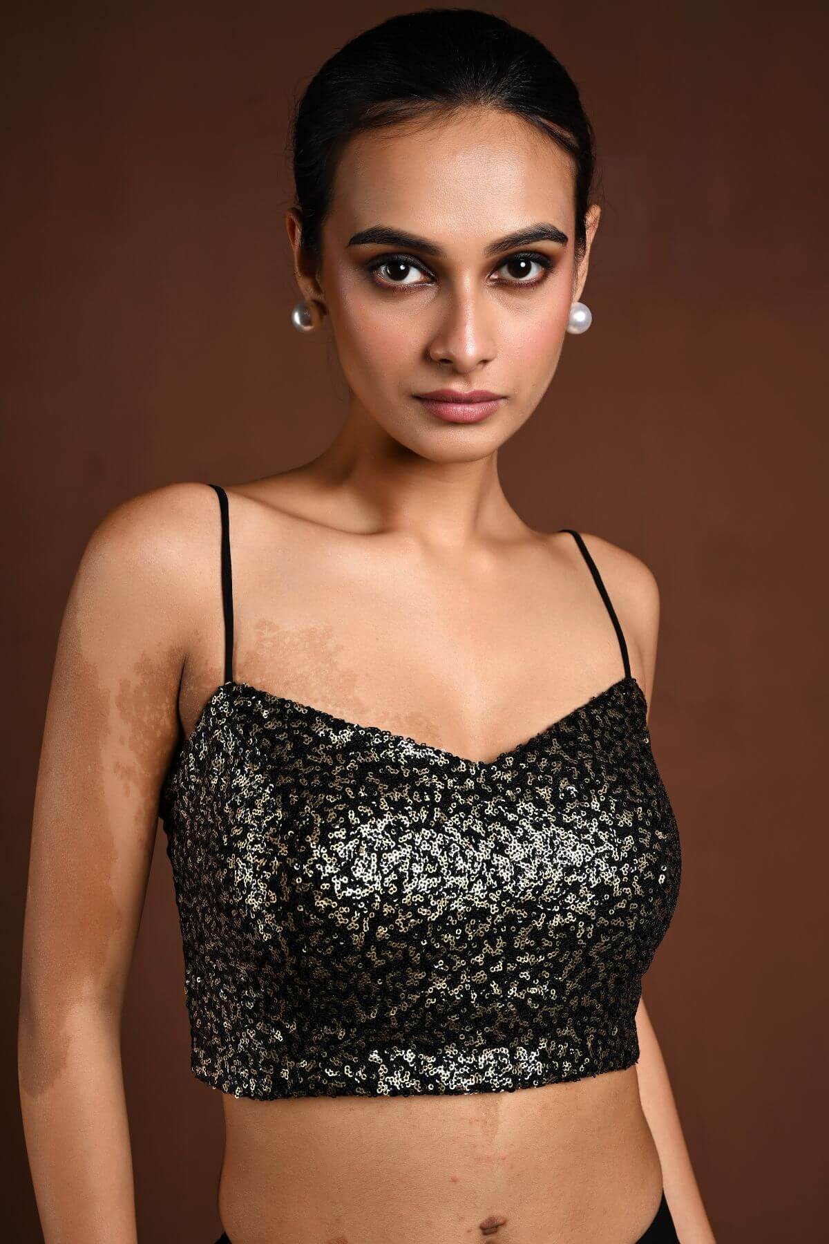Black and Gold Sequin Blouse with Noodle Strap and Back Closure - Anvi Couture