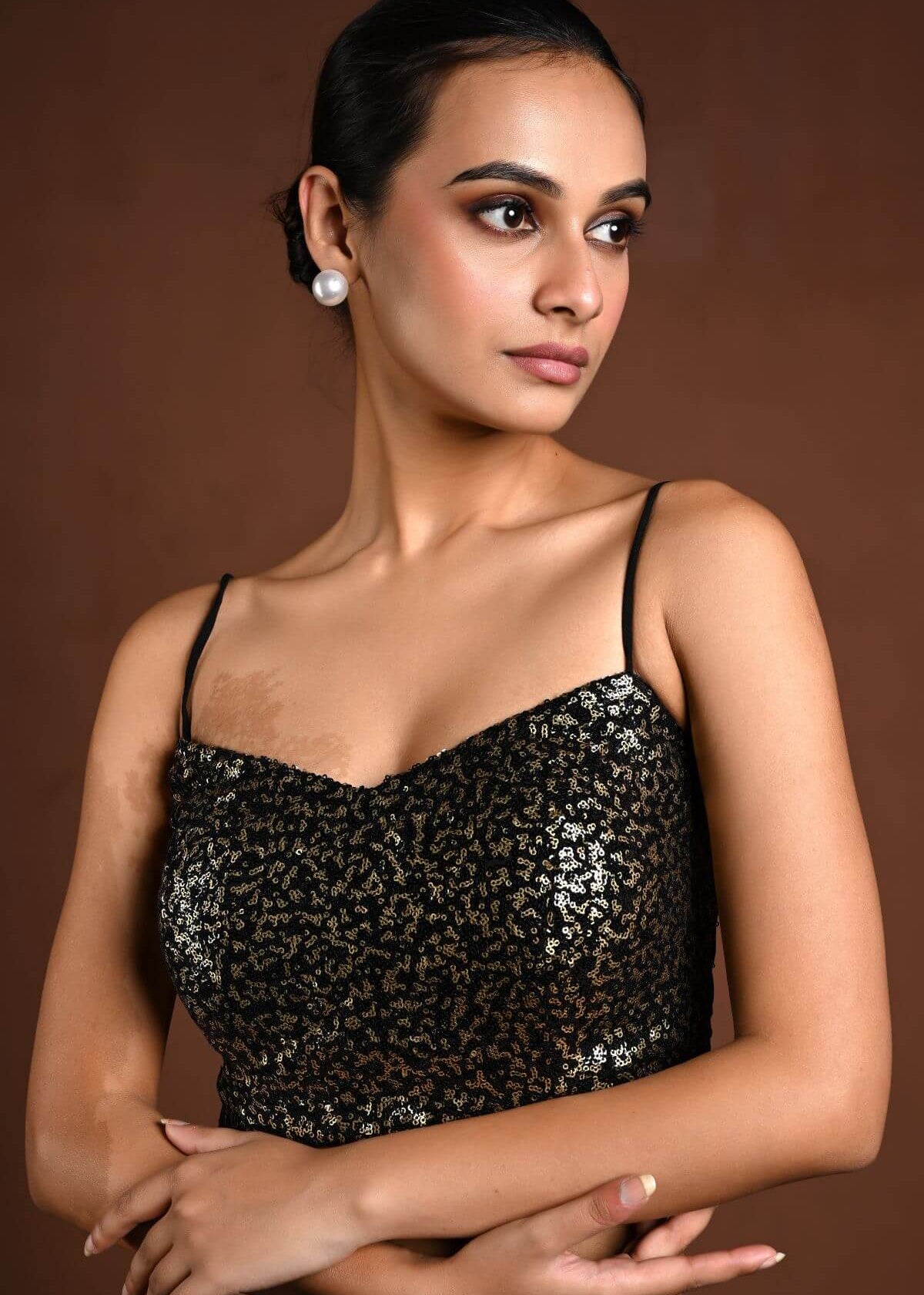 Black and Gold Sequin Blouse with Noodle Strap and Back Closure - Anvi Couture