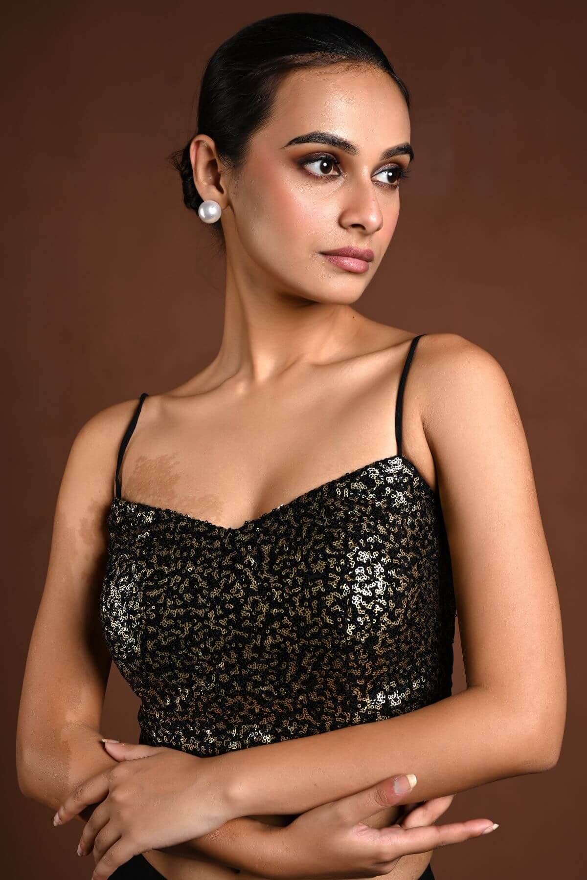 Black and Gold Sequin Blouse with Noodle Strap and Back Closure - Anvi Couture