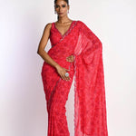 Pink Printed Saree in Georgette with Cut dana and Pearl Embroidery - Anvi Couture