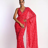 Pink Printed Saree in Georgette with Cut dana and Pearl Embroidery - Anvi Couture